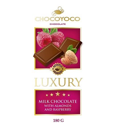 Milk chocolate 'Chocoyoco' 175g. with raspberries and almonds